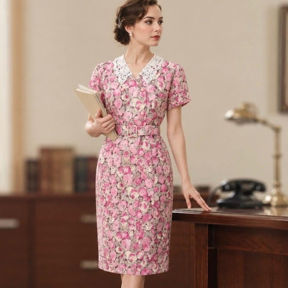Vintage 80s Secretary Dress Midi Pink Romantic Floral Lace Collar Poetcore M EUC